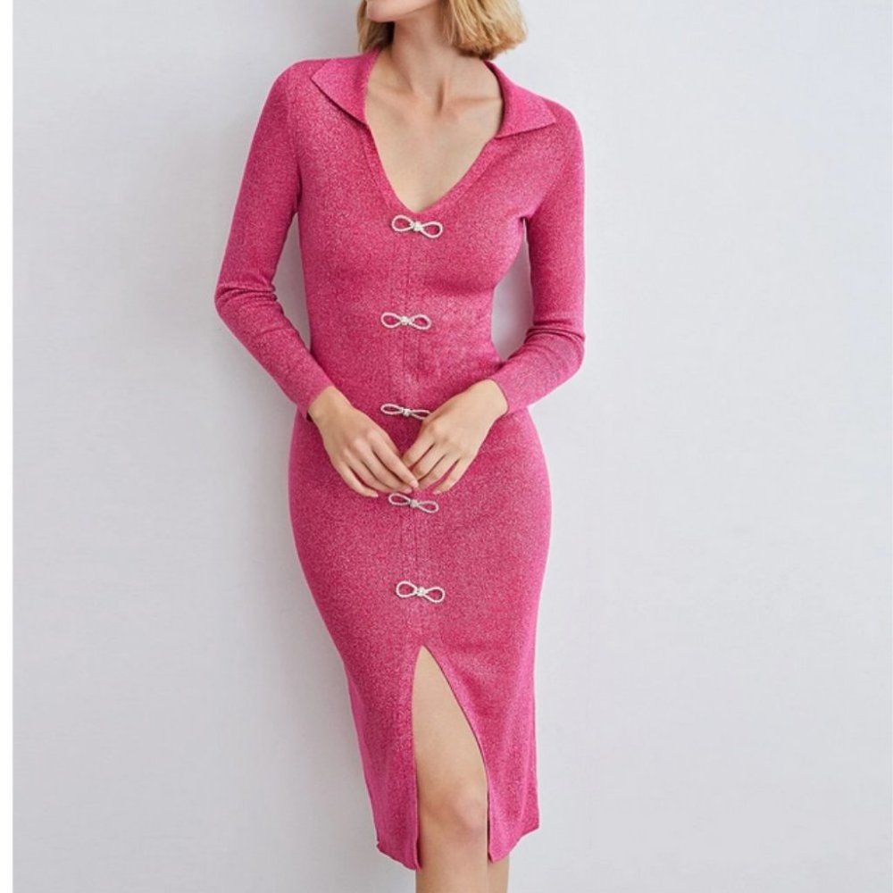 pink sparkle knit bow button detail split hem dress chic elegant evening classy - Picture 3 of 10
